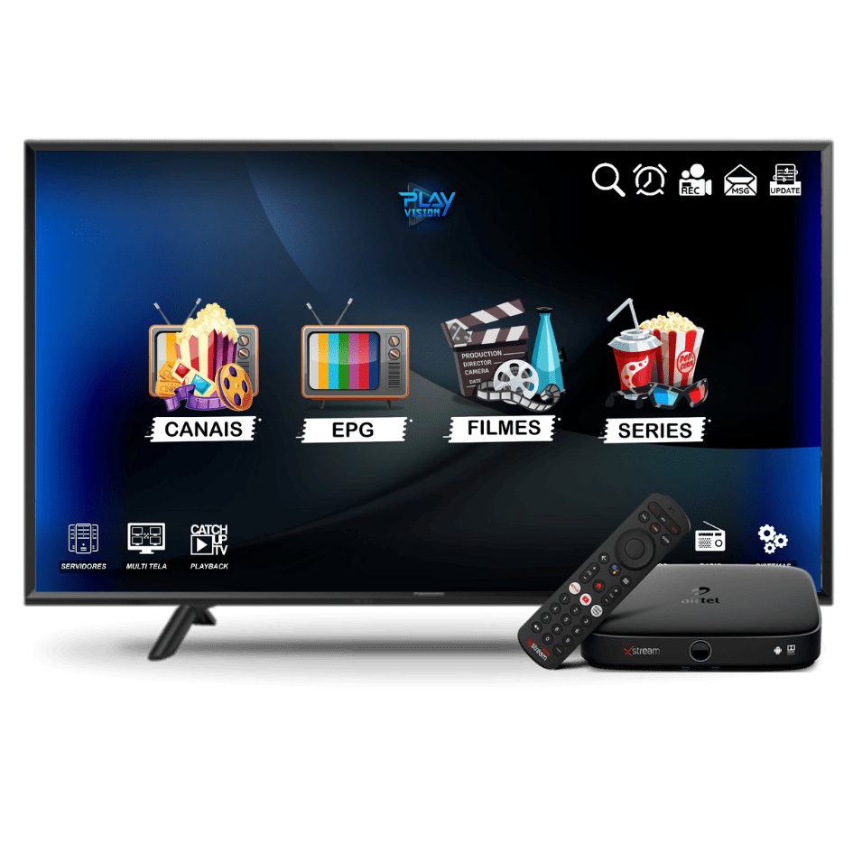 Interface Play Vision exibida em uma Smart TV com controle remoto e aparelho